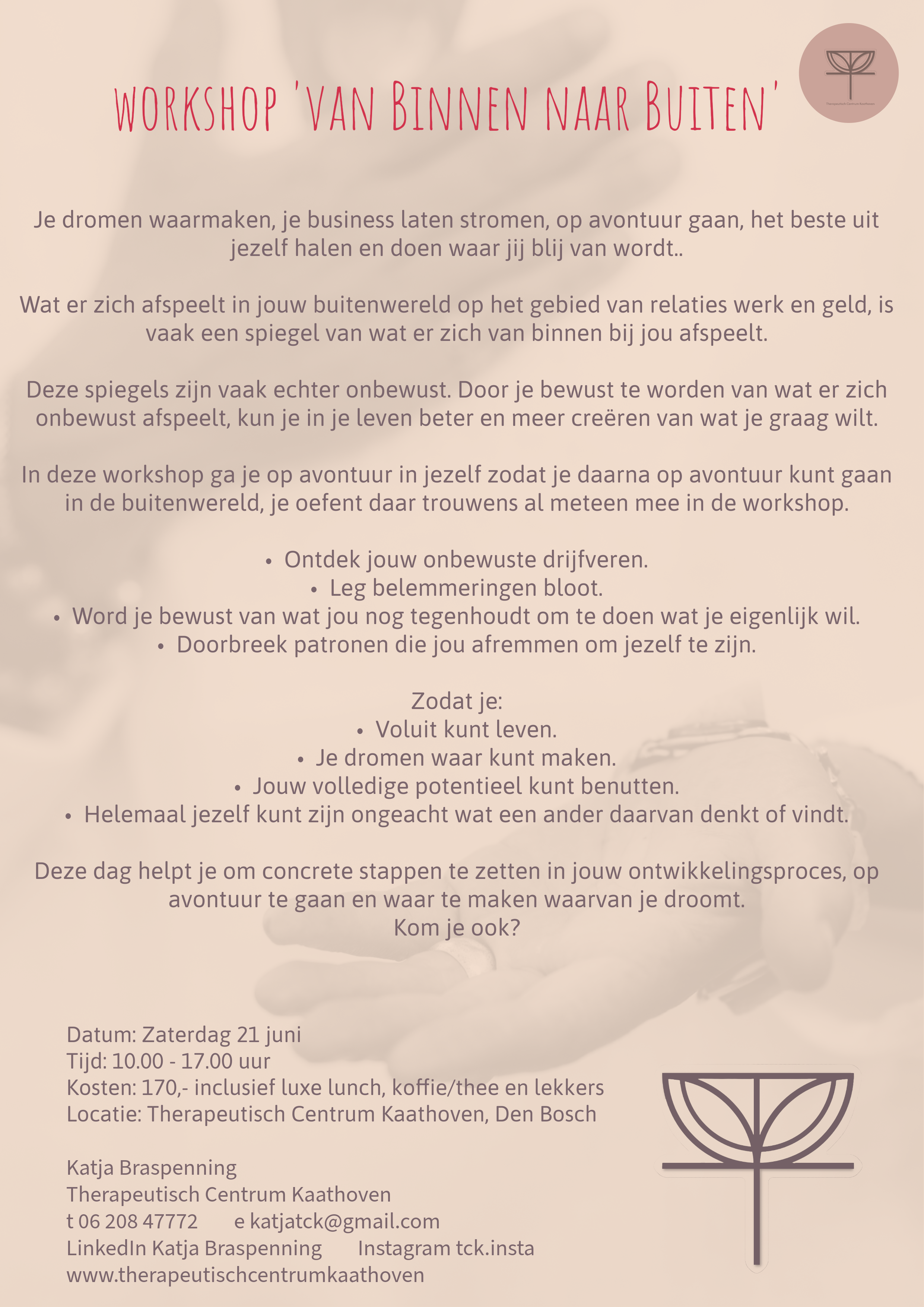 Flyer workshop van Binnen naar Buiten Therapeutisch Centrum Kaathoven TCK verdiepende workshops persoonlijke ontwikkeling opstellingen lichaamswerk stembevrijding