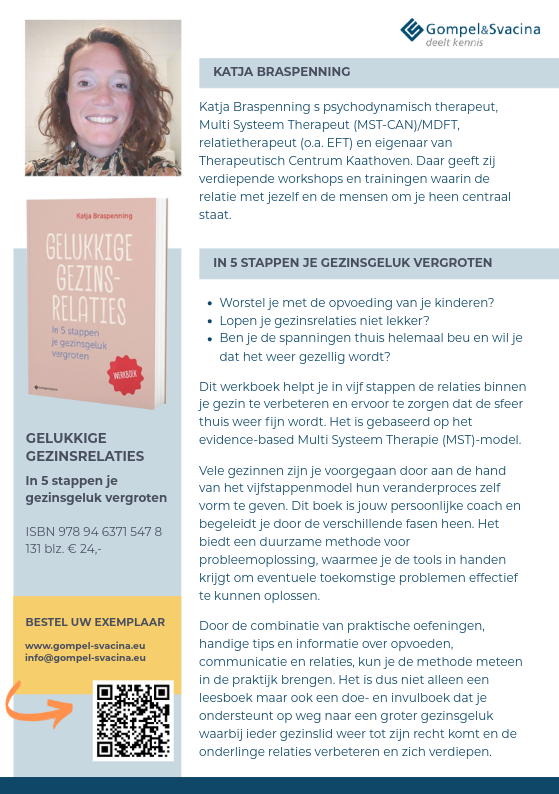 Boek Gelukkige gezinsrelaties In 5 stappen je gezinsgeluk vergroten, Katja Braspenning, Therapeutisch Centrum Kaathoven