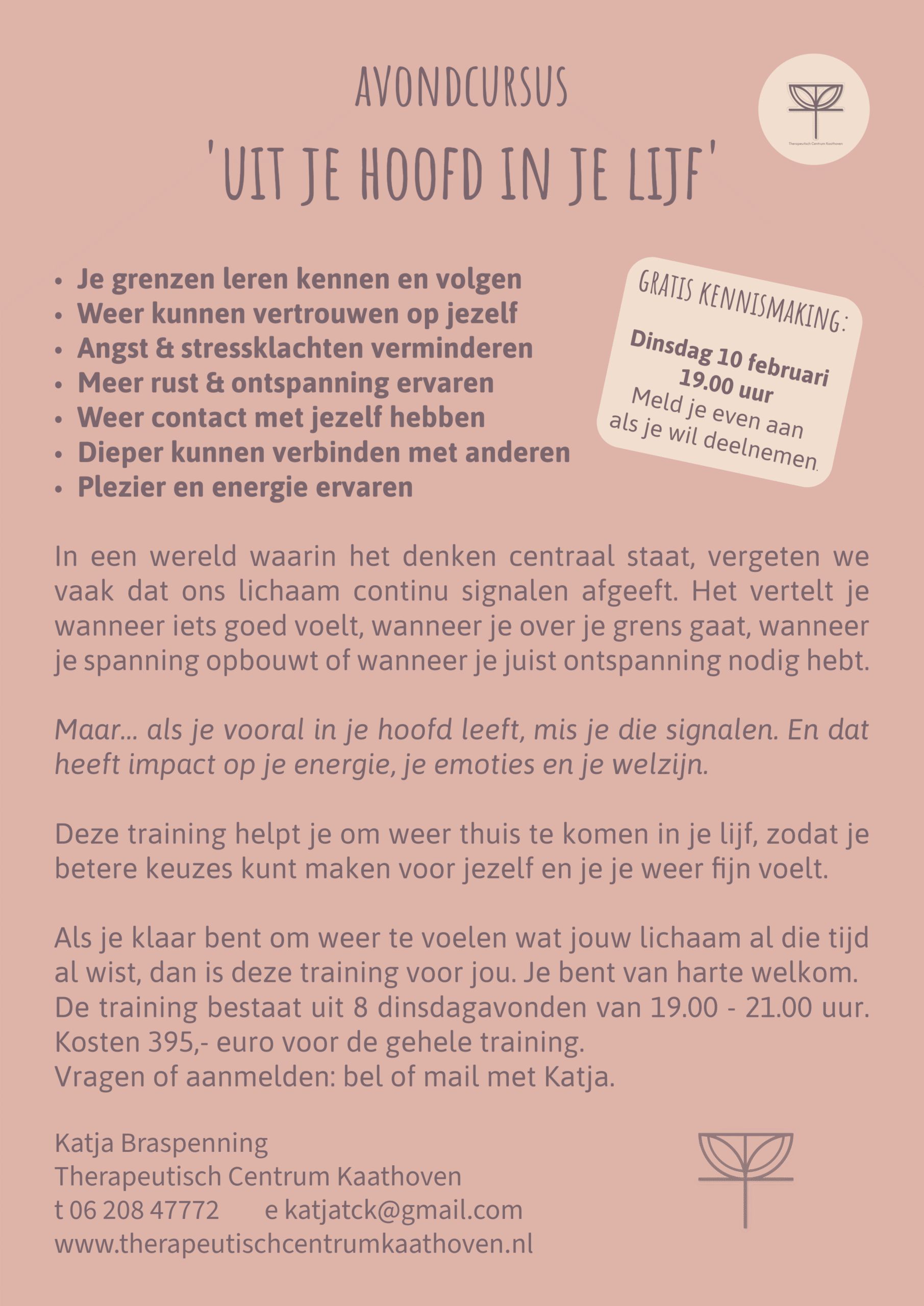 Avondcursus Uit je hoofd in je lijf, emotioneel lichaamswerk ELW, dans, stembevrijding, ademwerk, ademhalingsoefeningen, gratis kennismaking dinsdagavond 10 februari 2026, Therapeutisch centrum Kaathoven, TCK, Katja Braspenning
